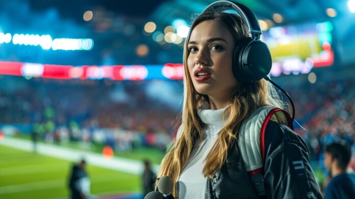 female sports presenter at ground