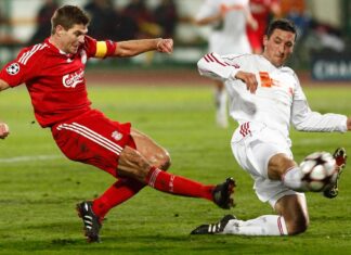 Greatest Premier League players: Steven Gerrard Steven Gerrard shooting for Liverpool as a Debrecen defender attempts to block